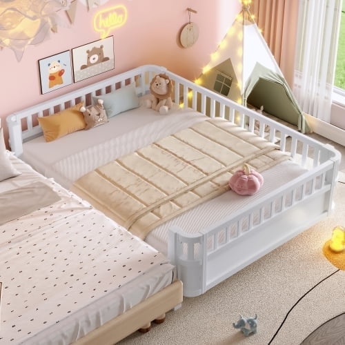 Bellemave Full Size Bed Frame, Full Montessori Bed with Safety Guardrails and Detachable Fence, Wood Full Daybed Frame, Low Profile & Rounded Corners Design, White