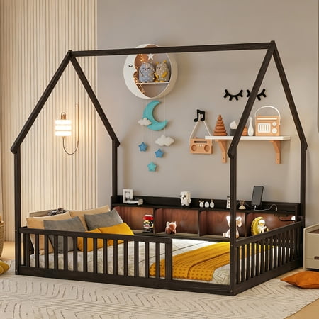 Bellemave Full Size Montessori Bed with Storage Shelves, LED Lights & Charging Station, Wood House Floor Bed Frame with Guardrails and Bedside Bookcase for Boys and Girls, White
