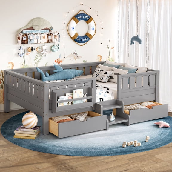 Bellemave Full Size Montessori Bed Storage and Stairs, Wood Daybed with Bookcase and Guardrails, Full Floor Beds Frame with 2 Drawers for Room, No Box Spring Needed (Gray)