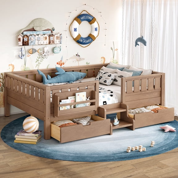 Bellemave Full Size Montessori Bed Storage and Stairs, Wood Daybed with Bookcase and Guardrails, Full Floor Beds Frame with 2 Drawers for Room, No Box Spring Needed (Natural)