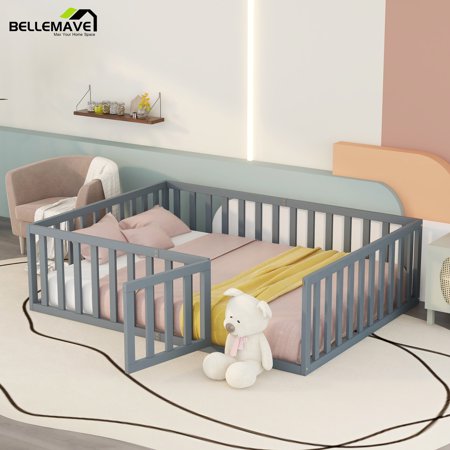 Bellemave Full Size Montessori Bed for Toddler, Wood Kids Floor Bed Frame with Fence and Door, Gray(Slats Not Include)