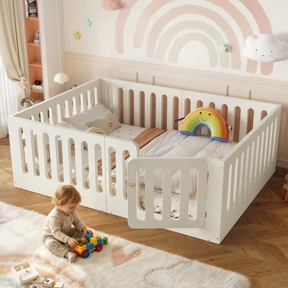 Bellemave Full Size Montessori Bed with High Fence, Wood Floor Bed Frame with Door, Low-profile Design, Beige