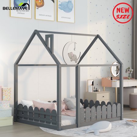 Bellemave Full Size Montessori Bed with Rail, Wood House Bed Frame for Bedroom, Full Floor Bed, Gray