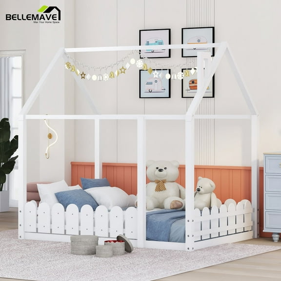 Bellemave Full Size Montessori Bed with Rail, Wood House Bed Frame, Floor Bed Full for Bedroom, White