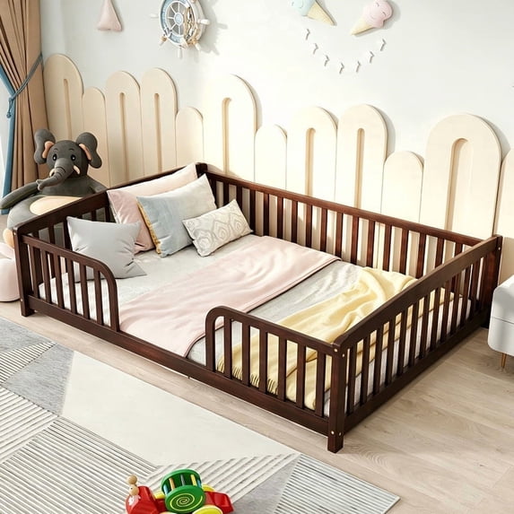 Bellemave Full Size Montessori with Central Entrance and Full Surrounding Guardrails, Wood Floor Bed Frame for Toddler, Low Profile Platform for Kids Bedroom(Espresso)