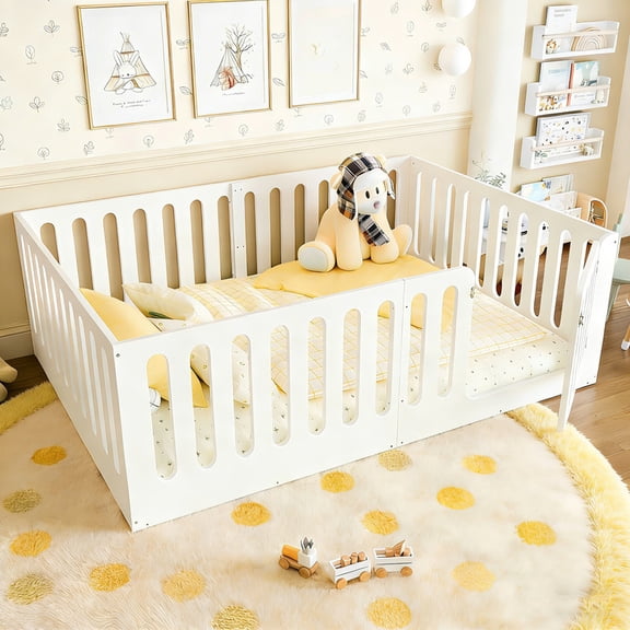 Bellemave Full Size Montessori Floor Bed, Solid Wood Floor Bed Frame with Fence Railings & Door, Full Playhouse Bed Frame Easy to Assembly,White