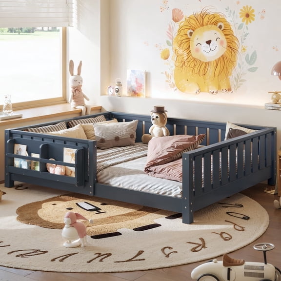 Bellemave Full Size Montessori Floor Bed with Storage Bookshelf and Guardrail, Wooden Platform Bed with Fence, No Box Spring Needed, Blue