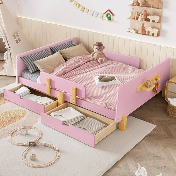 Bellemave Full Size Montessori Platform Bed Frame with Storage Drawers, Safety Fence Rails, Shelf & Hooks, Solid Wood Platform Bedframe, No Box Spring Needed for Bedroom, Living Room, Pink