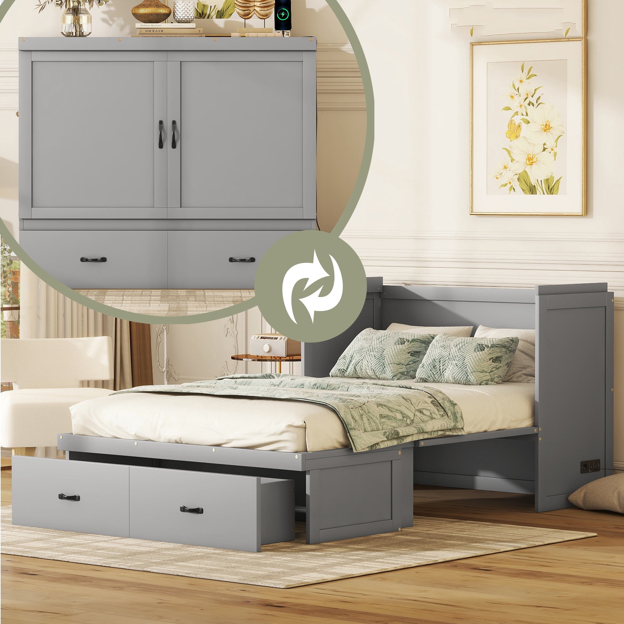 Bellemave Full Size Murphy Bed, Solid Wood with USB Port