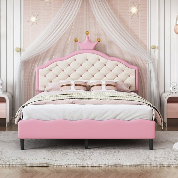 Bellemave Full Size PU Leather Upholstered Bed with Crown Shaped Headboard Lovely Princess Bed with Button Tufted Design Full Platform Bed Frame for Teens, Pink + Cream