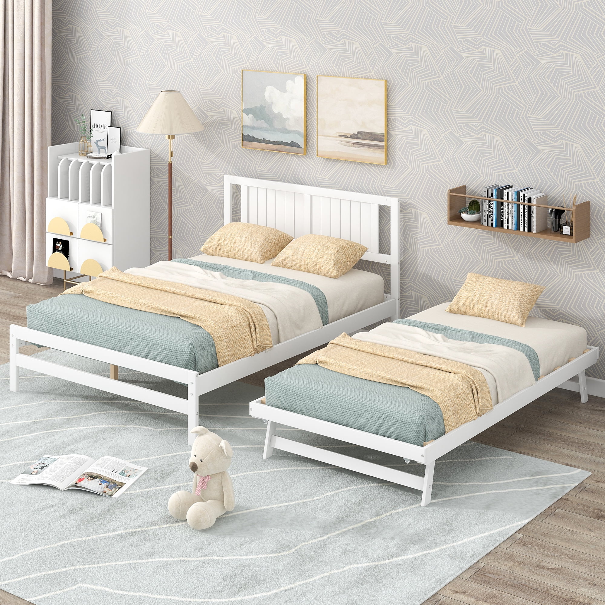Bellemave Full Size Platform Bed with Adjustable Trundle Wooden Full Bed Frame with Headboard Full Bed with Twin Pop up Trundle for Kids Teens