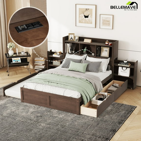 Bellemave Full Size Platform Bed with Bookcase Headboard, Pull-out Shelves and Charging Ports Storage Bed with Trundle and Drawers Wooden Storage Bed Frame for Teens, Adults (Espresso)