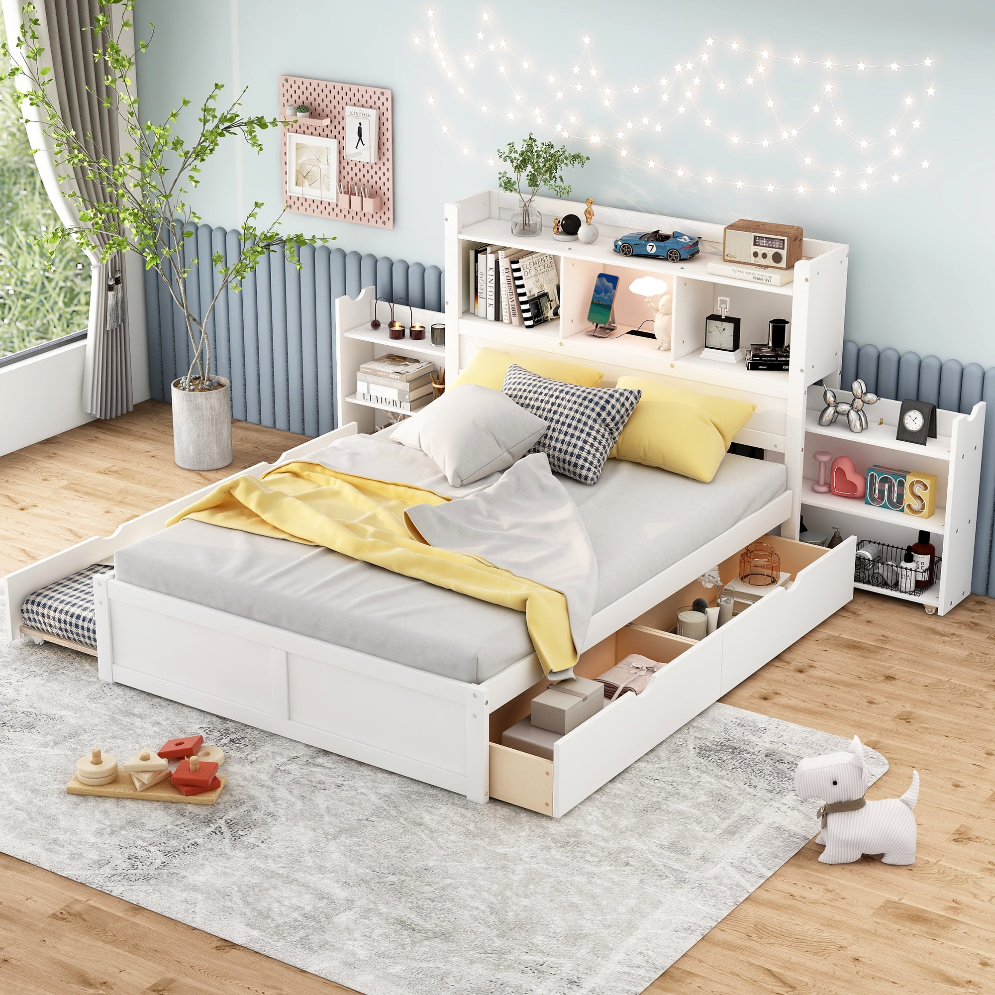 Bellemave Full Size Platform Bed with Bookcase Headboard, Pullout