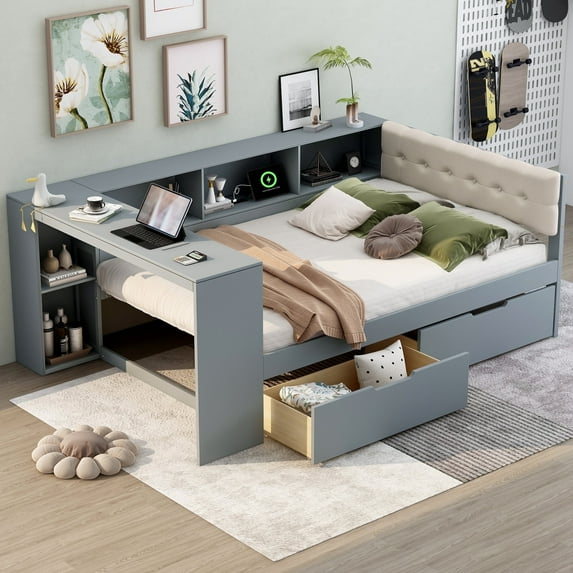 Bellemave Full Size Platform Bed with Bookcase and Upholstered Headboard, Wood Full Daybed Frame with Desk and USB Charging Station, Captain Bed for Livingroom, Bedroom, Guest Room(Gray)