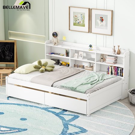 Bellemave Full Size Platform Bed with Bookcases and Drawers Space Saving Full Storage Platform Bed Frame with Built-in Shelves for Teens,No Box Spring Needed, Gray