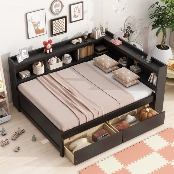 Bellemave Full Size Platform Bed with Bookcases Headboard and Storage Shelves L-shaped Bookcases Bed with Drawers and Charging Station, No Box Spring Needed (Full, Espresso)
