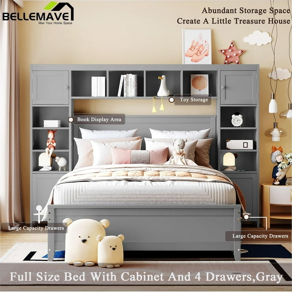 Bellemave Full Size Platform Bed Frame with Four Storage Drawers Underneath and Built-in Cabinet, Bookcase Headboard, Wood Cabinet Bed for Teens, Adults,Gray