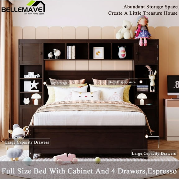 Bellemave Full Size Platform Bed Frame with Four Storage Drawers Underneath and Built-in Cabinet, Bookcase Headboard, Wood Cabinet Bed for Teens, Adults, Espresso