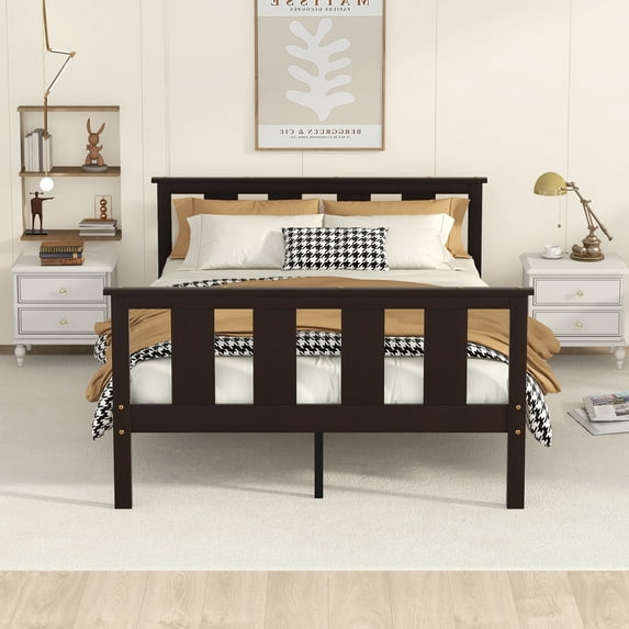 Bellemave Full Size Platform Bed Frame with Slat Headboard and Footboard, Pine Wood Frame Bed, No Box Spring(Expresso)