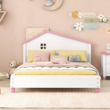 Bellemave Full Size Platform Bed with House-Shaped Headboard,Wood Full Platform Bed Frame with Wood Slats for Kids,Boys,Girls,No Box Spring Needed(Full,White+Pink)