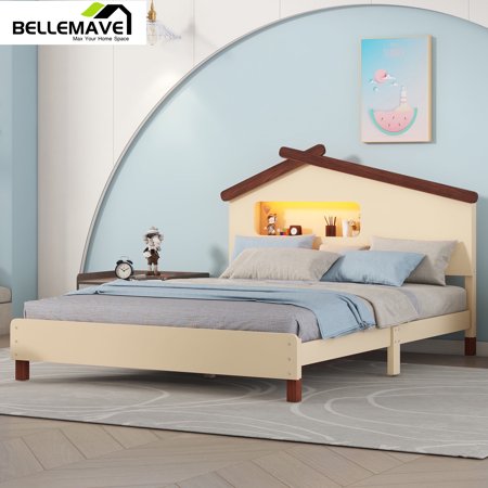 Bellemave Full Size Platform Bed with House-shaped Headboard and Motion Activated Night Light Full Wood Bed Frame with Light and Storage for Teens, No Box Spring Needed, Cream