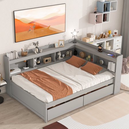 Bellemave Full Size Platform Bed with L-shaped Bookcases and Drawers Full Storage Platform Bed Frame with Built-in Shelves for Teens, No Box Spring Needed, Gray