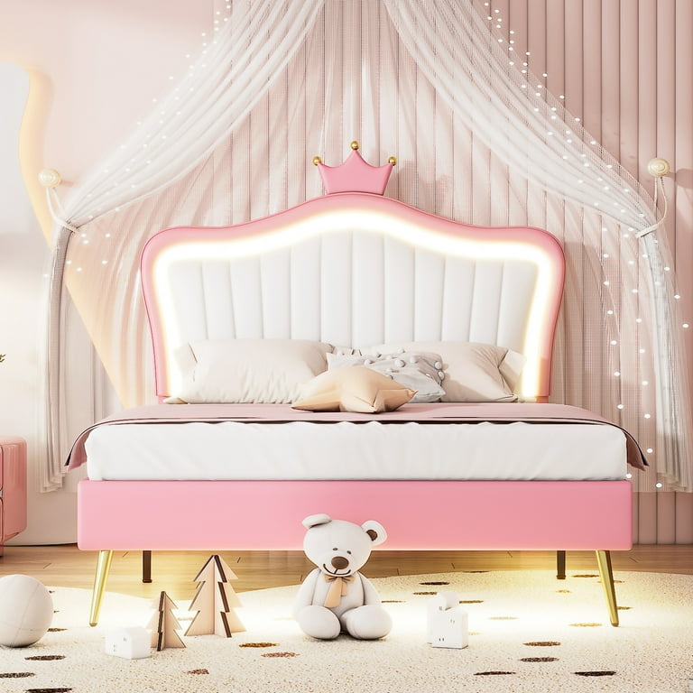 Bellemave Full Size Princess Bed, Crown Headboard, LED Lights, PU Leather Upholstery, Pink + White - Walmart.com Bellemave Full Size Princess Bed, Crown Headboard, LED Lights, PU Leather Upholstery, Pink + White - Walmart.com