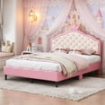 thumbnail image 1 of Bellemave Full Size Upholstered Bed with Crown Shaped Headboard, Princess Platform Bed with Button Tufted Design, Pink Cute Full Platform Bed for Teens, No Box Spring Needed, Pink + Cream, 1 of 10