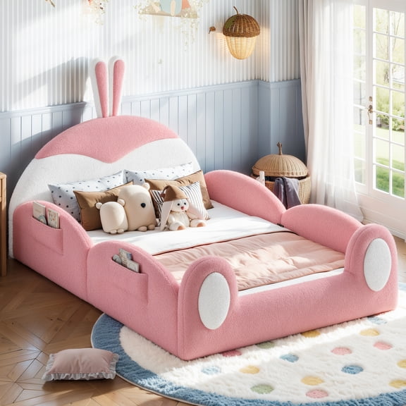 Bellemave Full Size Upholstered Floor Bed with Rabbit Headboard, Plush Montessori Bed Frame with Side Storage Pockets & Safety Guardrails, Pink