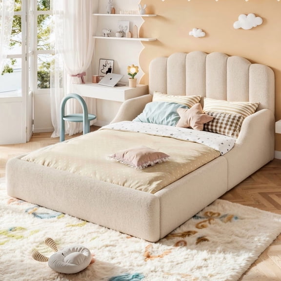 Bellemave Full Size Upholstered Floor Bed with Scalloped Headboard, Teddy Fabric Low Profile Montessori Bed Frame for Bedroom, Beige