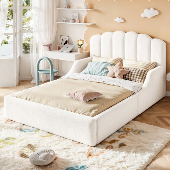 Bellemave Full Size Upholstered Floor Bed with Scalloped Headboard, Teddy Fabric Low Profile Montessori Bed Frame for Bedroom, White
