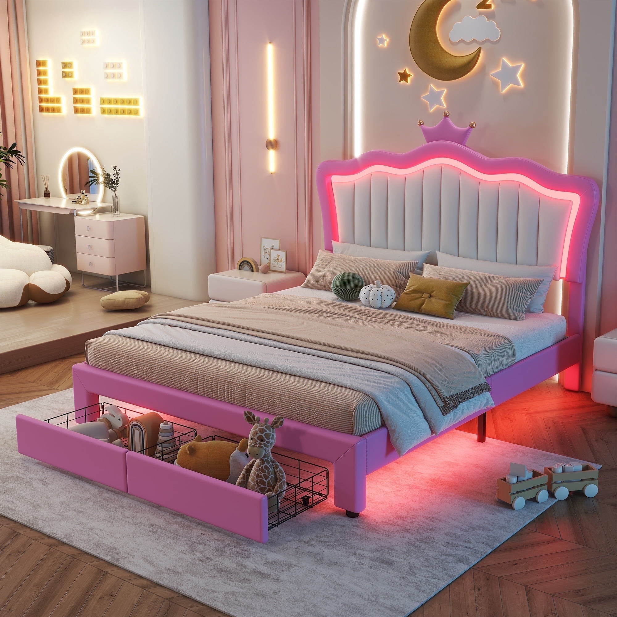 Bellemave Full Size Upholstered LED Bed with Storage Drawers, Princess Platform Bed with Crown Headboard, Pink Cute Girls Full Beds with Wooden Slats Support, No Box Spring Needed-Pink