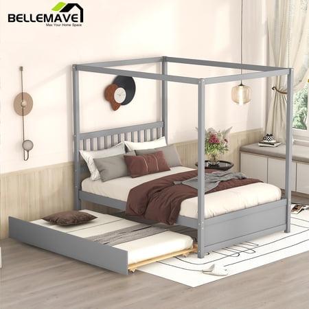 Bellemave Full Size Wood Canopy Bed Frame with Trundle Modern Full Platform bed with Headboard and Wooden Slats Sturdy Wood Four-poster Bed, No Box Spring Needed, Gray