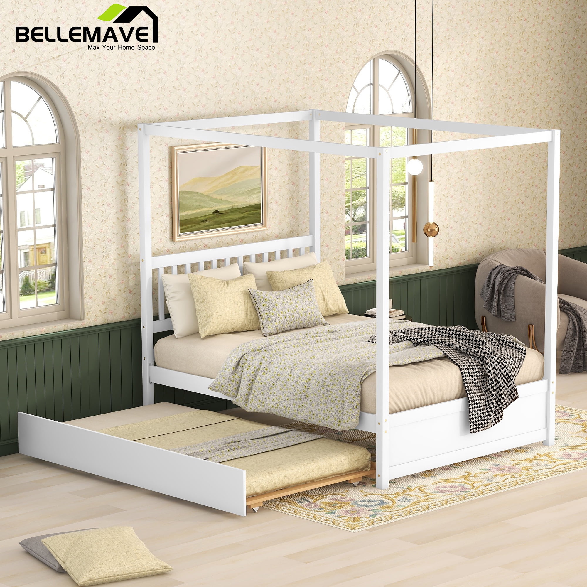 Bellemave Full Size Wood Canopy Bed Frame with Trundle Modern Full