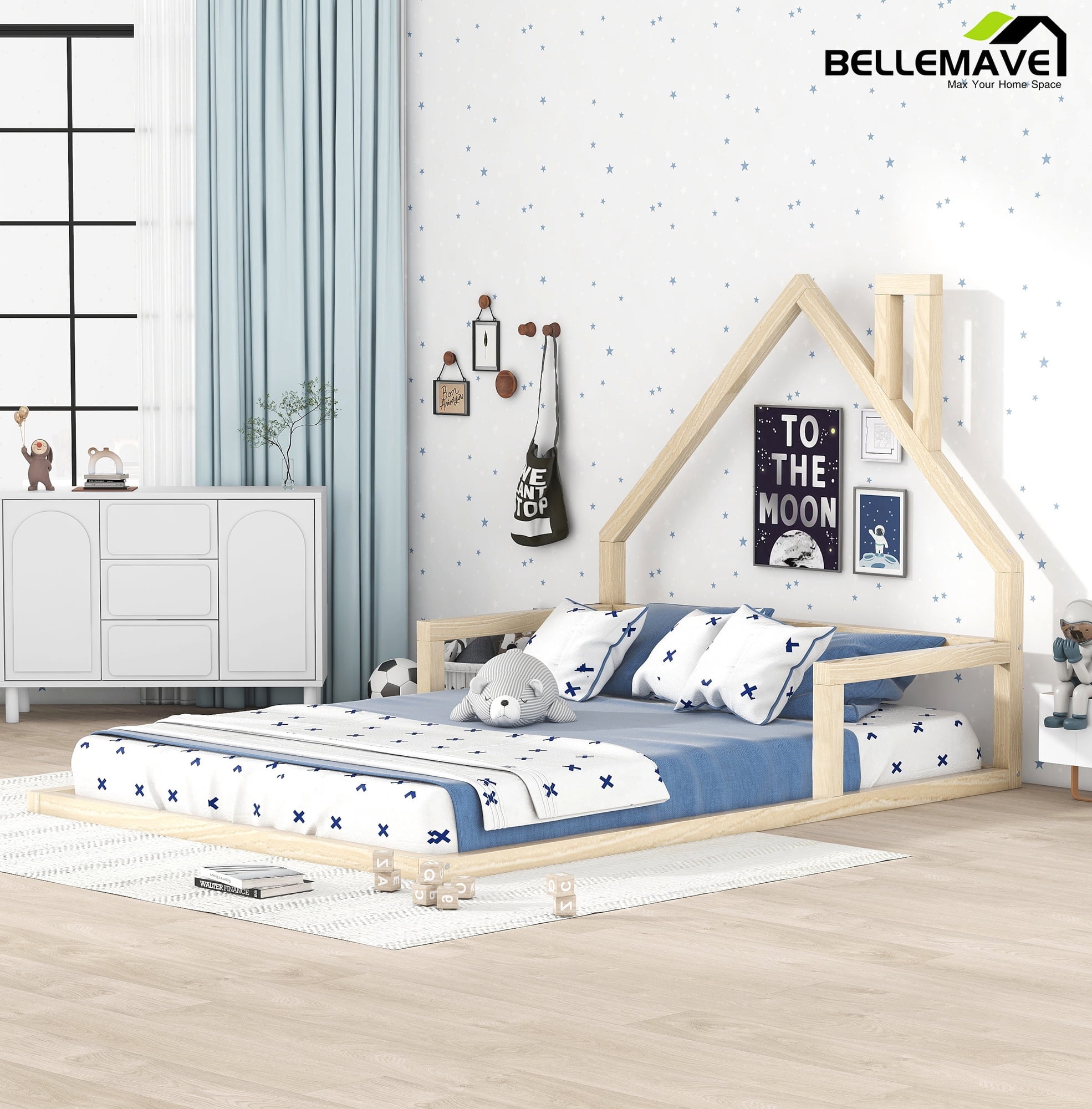 Bellemave Full Size Wood Floor Bed with House-shaped Headboard Montessori Floor Bed with Rails and Wooden Slats No Box Spring Needed, Natural