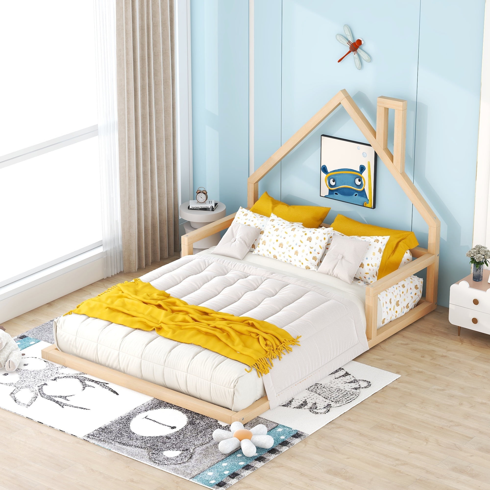 Bellemave Full Size Wood Floor Bed with House-shaped Headboard,Full Bed Frame,Montessori Floor Bed with Rails (Full,Natural)
