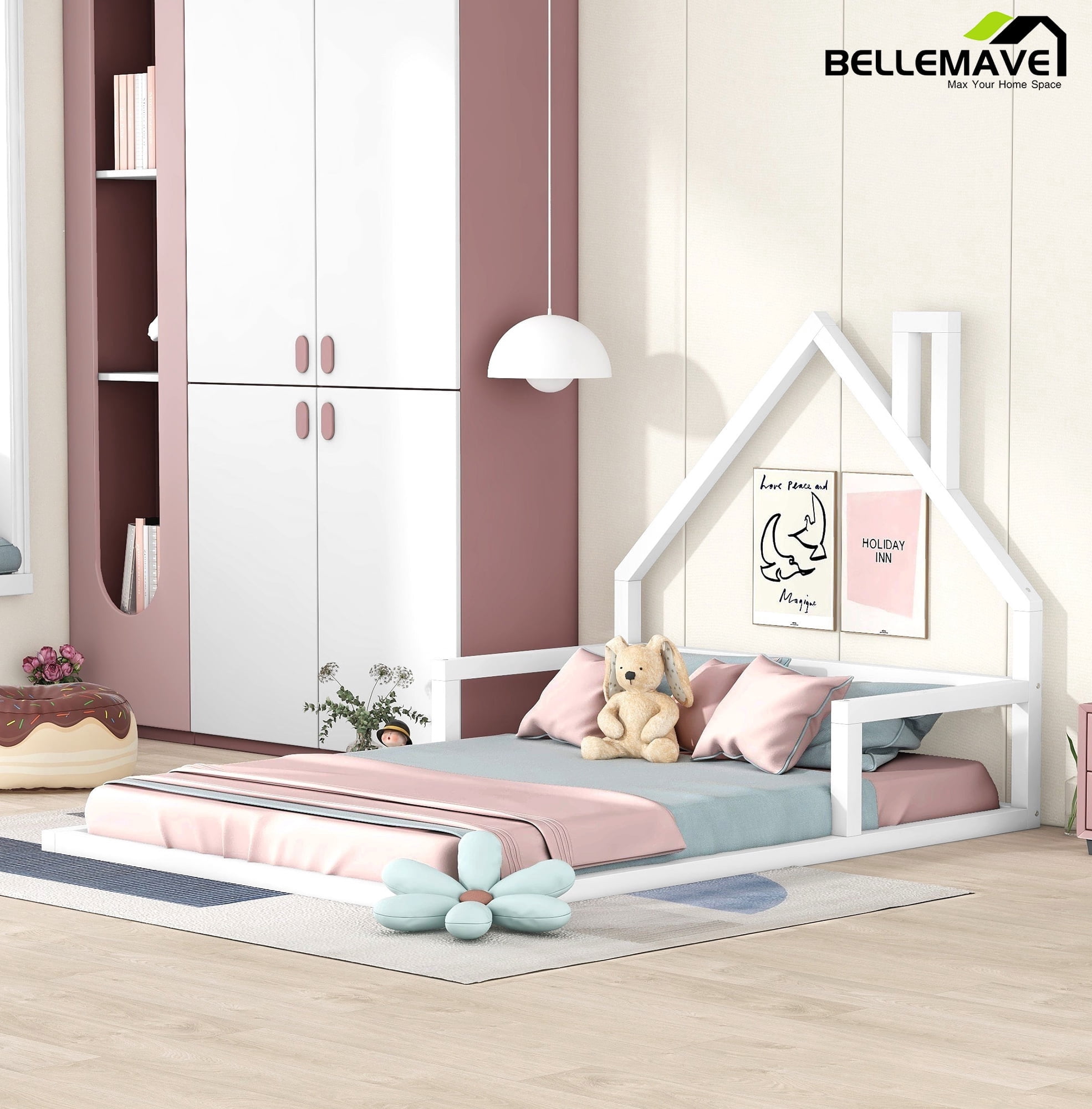 Bellemave Full Size Wood Floor Bed with House-shaped Headboard Montessori Floor Bed with Rails and Wooden Slats No Box Spring Needed, White