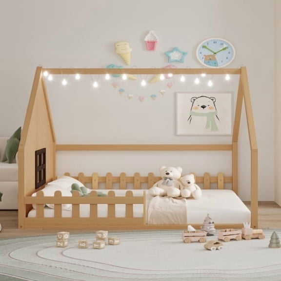 Bellemave Full Size House Bed Frames, Wooden Montessori Floor Bed with Window, Fence and LED Lights, Solid Wood Full Beds Frame, Easy Assembly Floor Beds, Natural