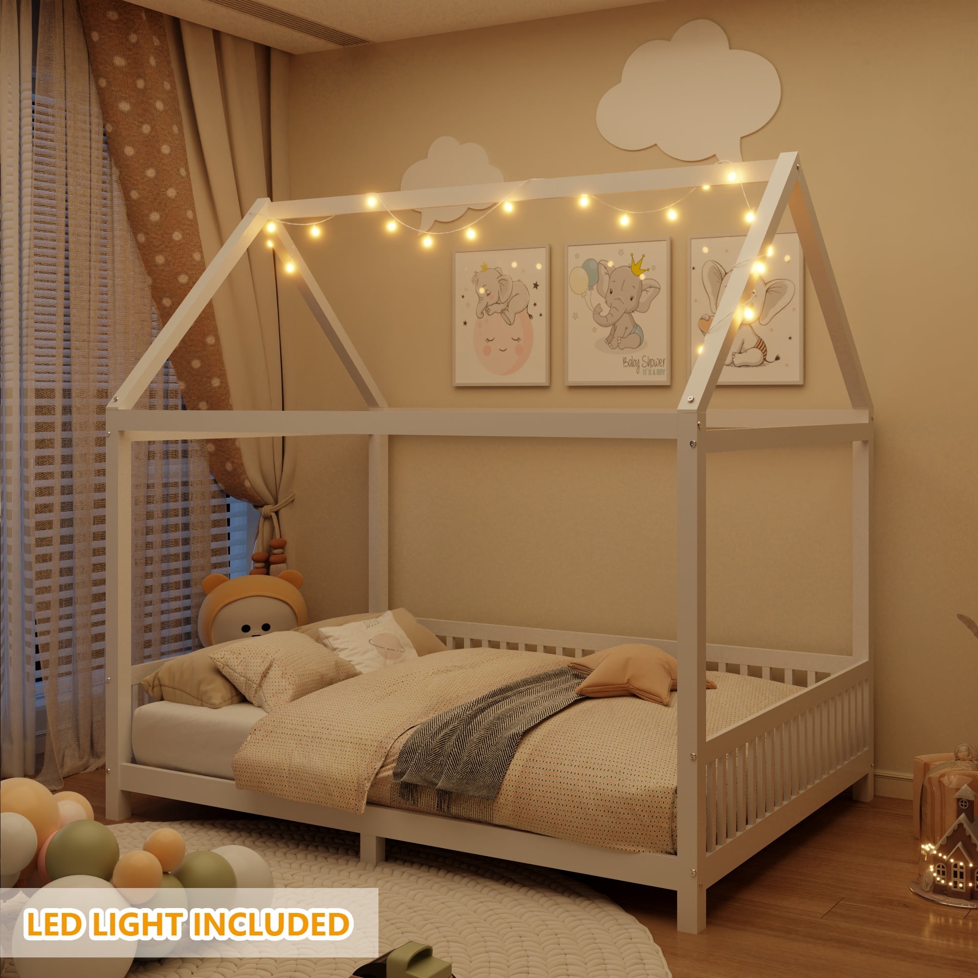 Bellemave Full Size Wood House-Shaped Floor Bed with LED Light and Fence Guardrails, Montessori Floor Bed House Bed Frame with Roof  (Full, White)