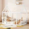 thumbnail image 1 of Bellemave Full Size Wood House-Shaped Floor Bed with Fence, Guardrails, Montessori Floor Bed House Bed Frame with Roof (Full, White), 1 of 11