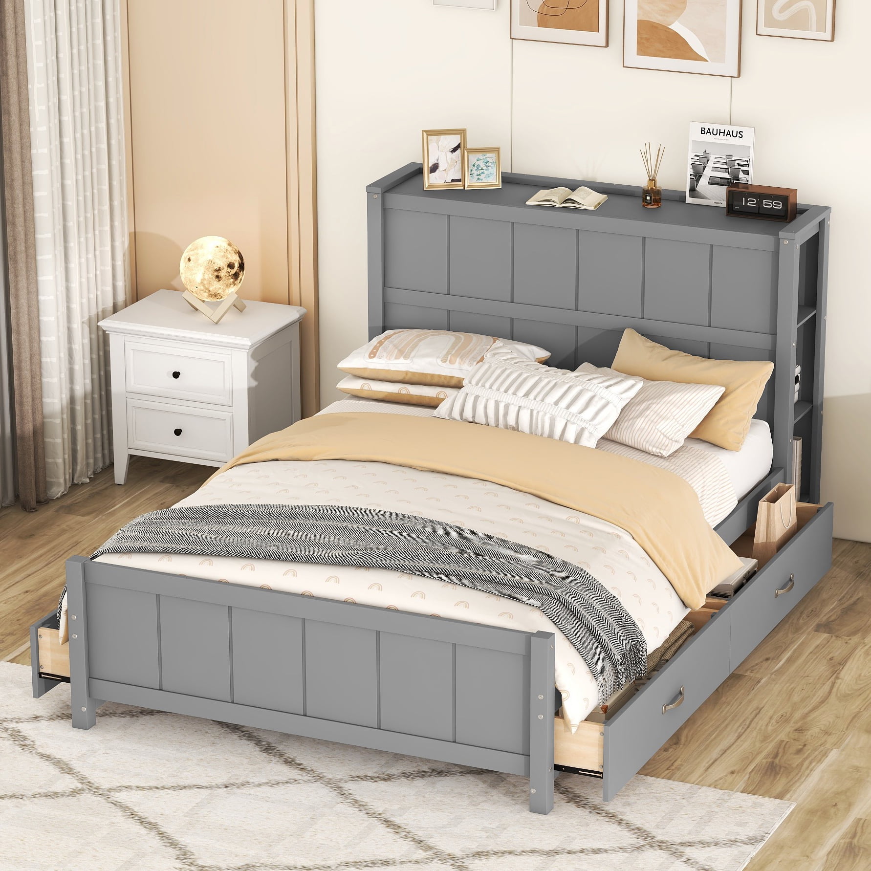 Bellemave Full Storage Bed with Bookcase Headboard, Solid Wood Platform