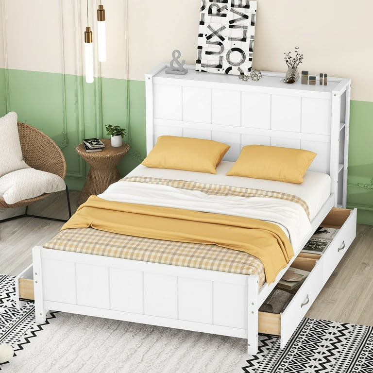 Full storage bed store with bookcase headboard