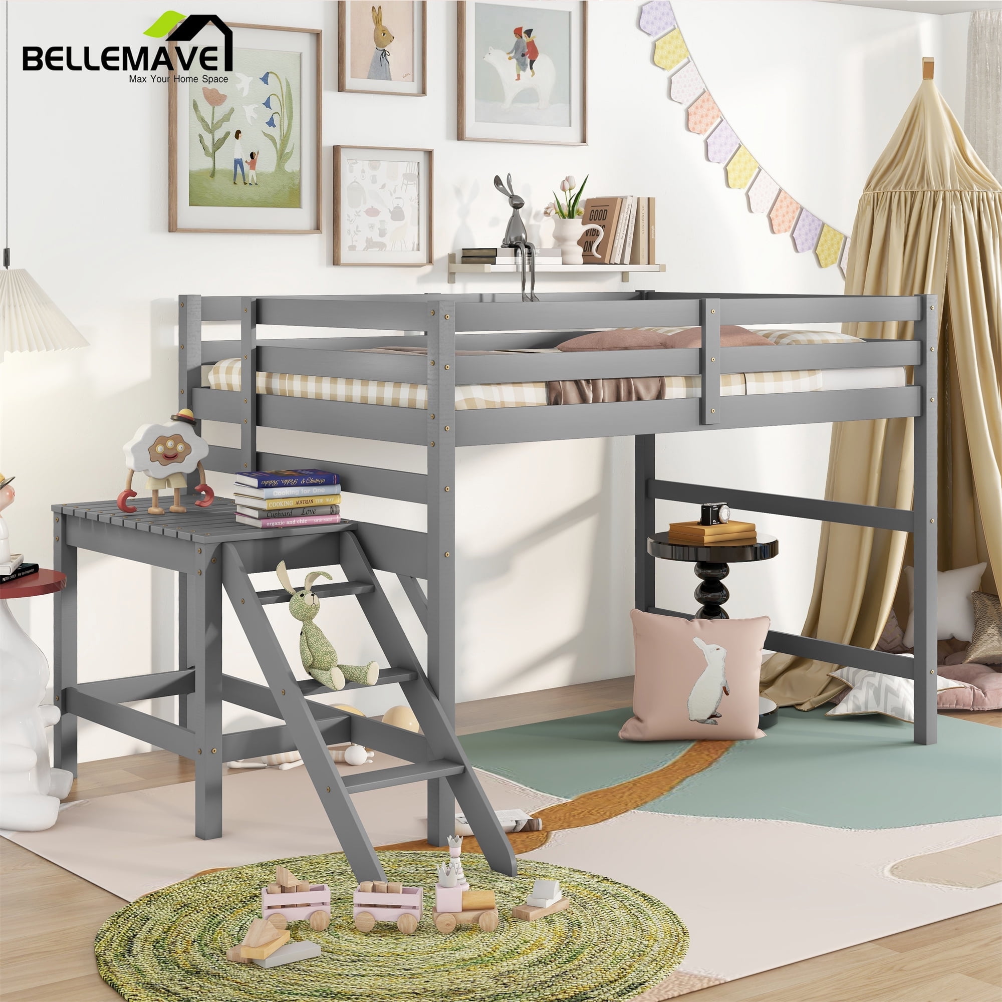 Bellemave Short Height Wooden Loft Bed with Platform, Ladder, and ...