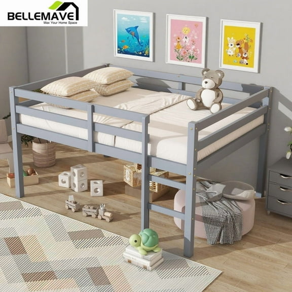 Bellemave Full Wooden Loft Bed with Storage, Low Loft Bed with Ladder, Wooden Loft Bed Full Size with Safety Guardrails for Teens, Grey