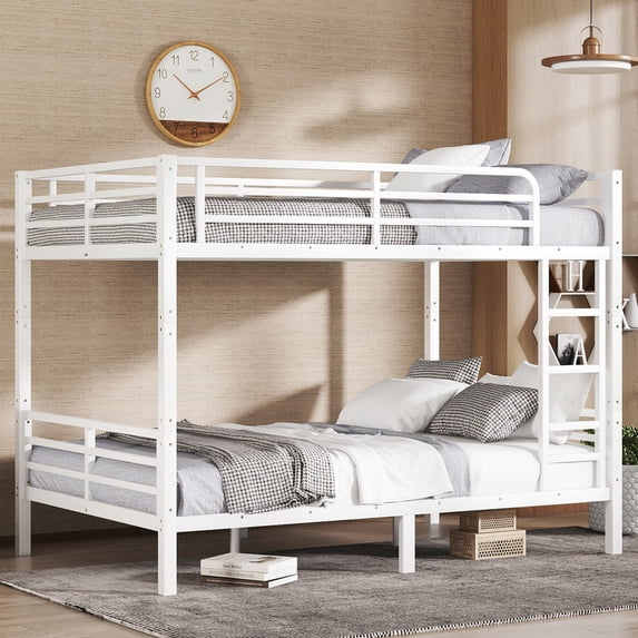 Bellemave Full XL Over Full XL Bunk Beds, Heavy Duty Metal Bunk Beds with Ladders, Industrial Style Bunk Bed Under-Bed Storage Space, No Box Spring Needed(White)