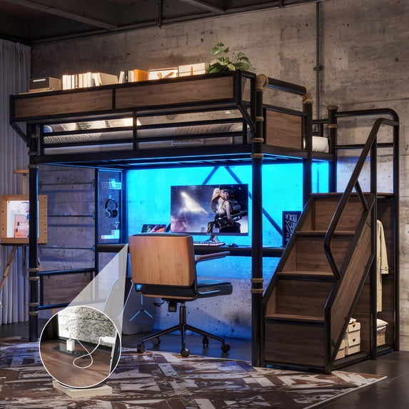 Bellemave Twin XL Loft Bed with Desk, Metal Loft Bed with Storage & Wardrobe, High Loft Bed with LED Lights & Charaging Station, Heavy Duty Metal Frame with Pegboard & Baskets for Teens Adults, Black
