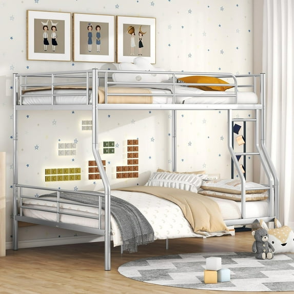 Bellemave Full XL Over Queen Metal Bunk Bed, Metal Bunk Bed Can Be Divided into Two Beds, Heavy Duty Queen Bunk Bed Frame for Teens Adults(Silver)