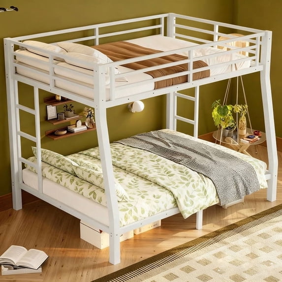 Bellemave Full XL over Queen Bunk Bed, Heavy Duty Metal Bunk Beds with Storage, Space-Saving Bunk Beds with Ladder & Full-Length Guardrail for Teens, Adults, White