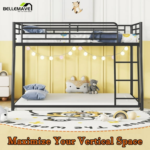 Bellemave Full XL over Queen Size Bunk Bed,Heavy Duty Metal Bunk Bed Frame with Ladder&Full-Guardrail,Low Floor Bunk Bed for Adult,Space Saving&Noise Free,Black
