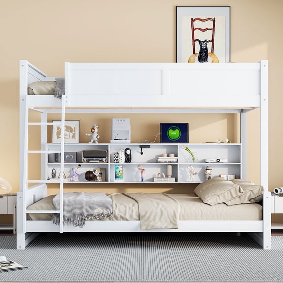 Bellemave Full XL Over Queen Size Bunk Bed, Wood Queen Bunk Beds with Charging Station and Bookcase Shelves Heavy Duty Floor Bunk Bed for Teens, Adults (Antique White)